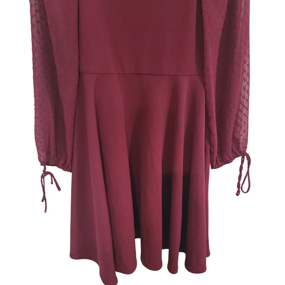 Girls Juniors Rare Editions Burgundy Swiss Dot Sheer Sleeve Skater Dress Size 16